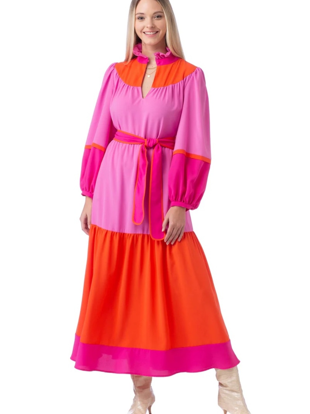 CROSBY by Mollie Burch Pink and Orange Colorblock Tiered Maxi Dress